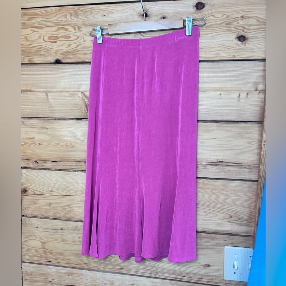 Vintage Kim & Co 609 Tulip Pink Fuchsia Midi Twirl Skirt Slinky Sz Medium Retro - Picture 2 of 7